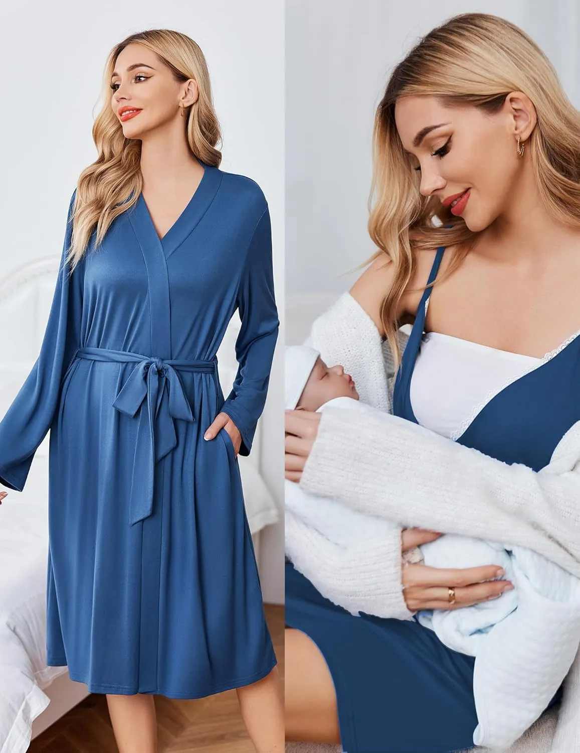 Ekouaer Womens Maternity Nursing Gown and Robe Set Labor Delivery Nuring Nightgowns for Hospital Breastfeeding Robes