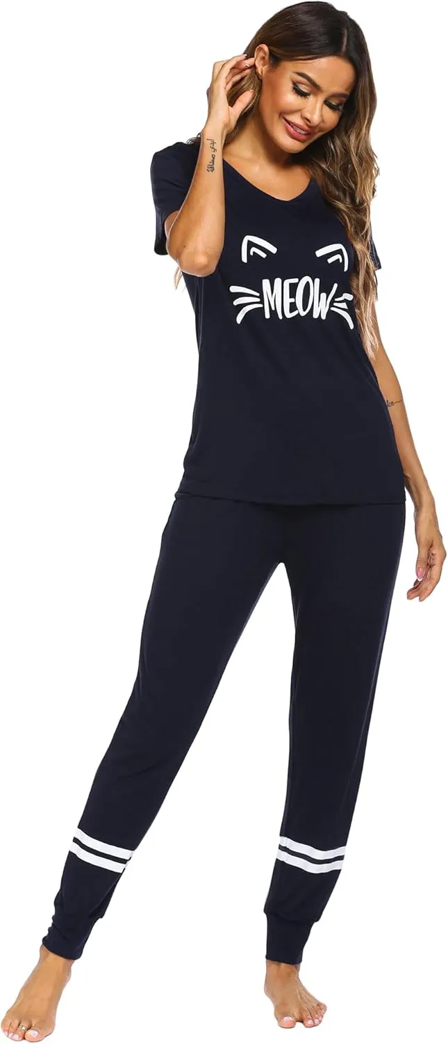 Ekouaer Womens Pajamas Set Short Sleeve Sleepwear Tops with Long Pants Pjs Set Print Nightwear