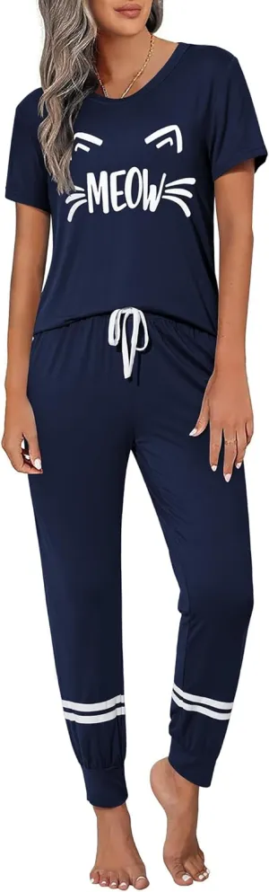 Ekouaer Womens Pajamas Set Short Sleeve Sleepwear Tops with Long Pants Pjs Set Print Nightwear