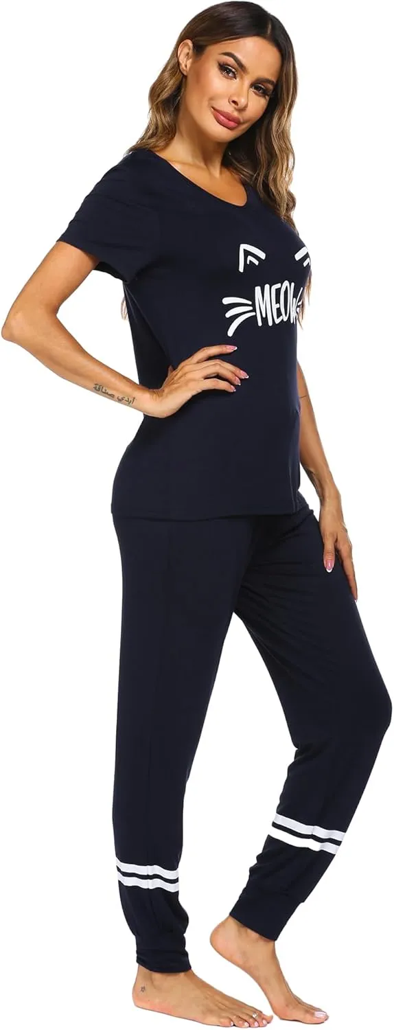 Ekouaer Womens Pajamas Set Short Sleeve Sleepwear Tops with Long Pants Pjs Set Print Nightwear