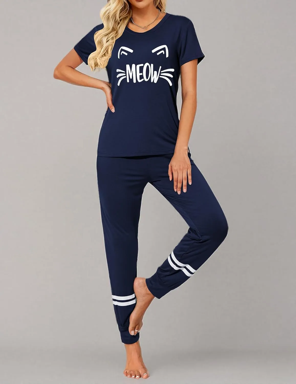 Ekouaer Womens Pajamas Set Short Sleeve Sleepwear Tops with Long Pants Pjs Set Print Nightwear