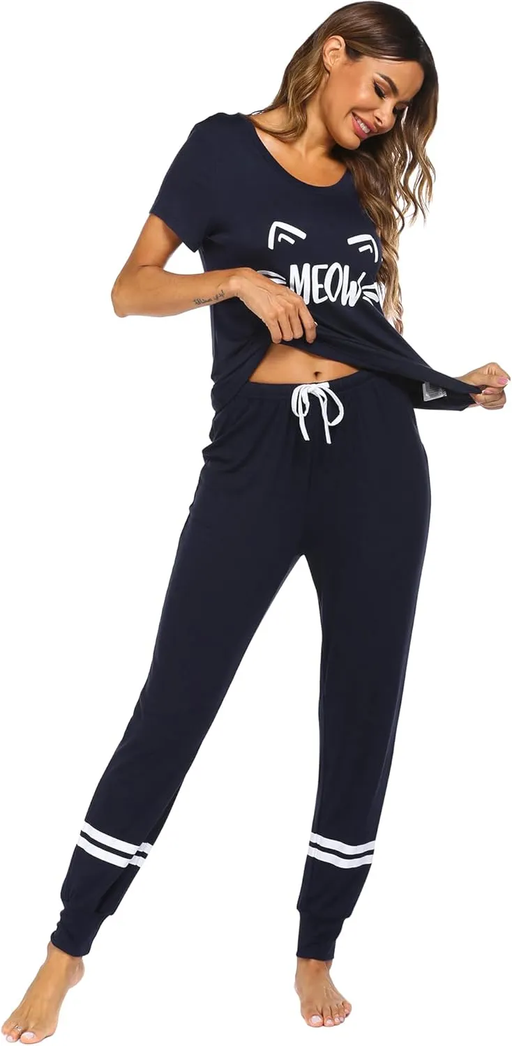 Ekouaer Womens Pajamas Set Short Sleeve Sleepwear Tops with Long Pants Pjs Set Print Nightwear