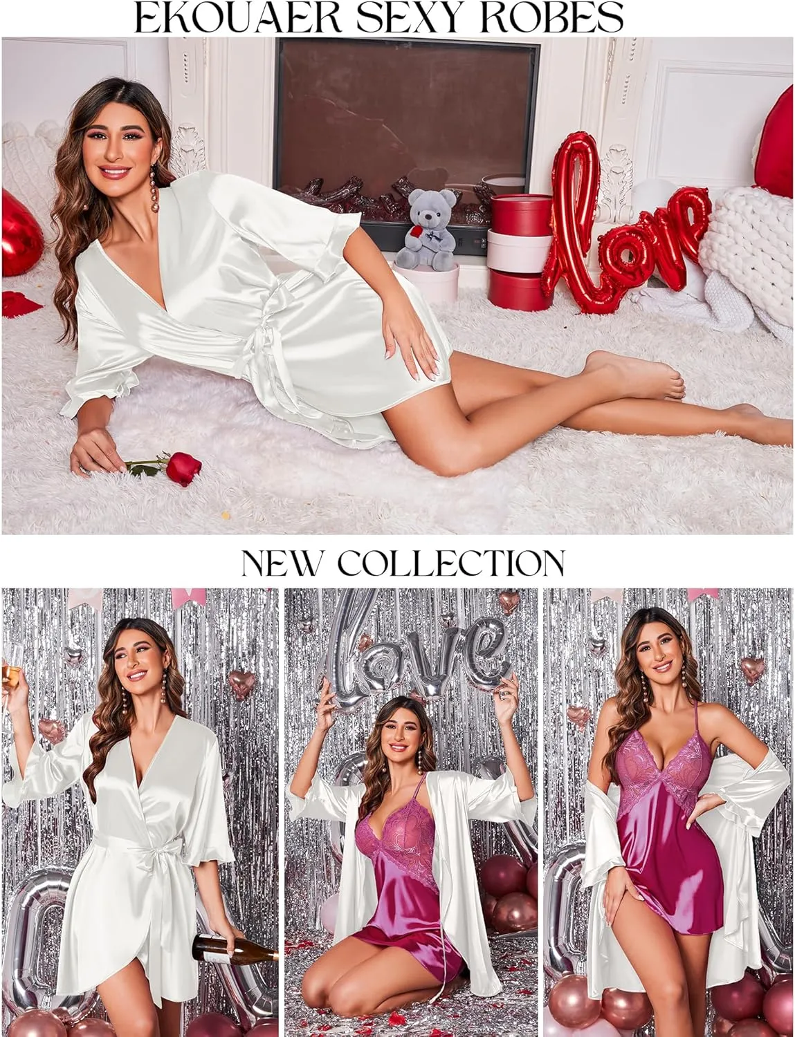 Ekouaer Women's Satin Robe Valentines Lingerie for Women Kimono Bathrobe Short Ruffle Belted Robes Bridesmaids Sleepwear
