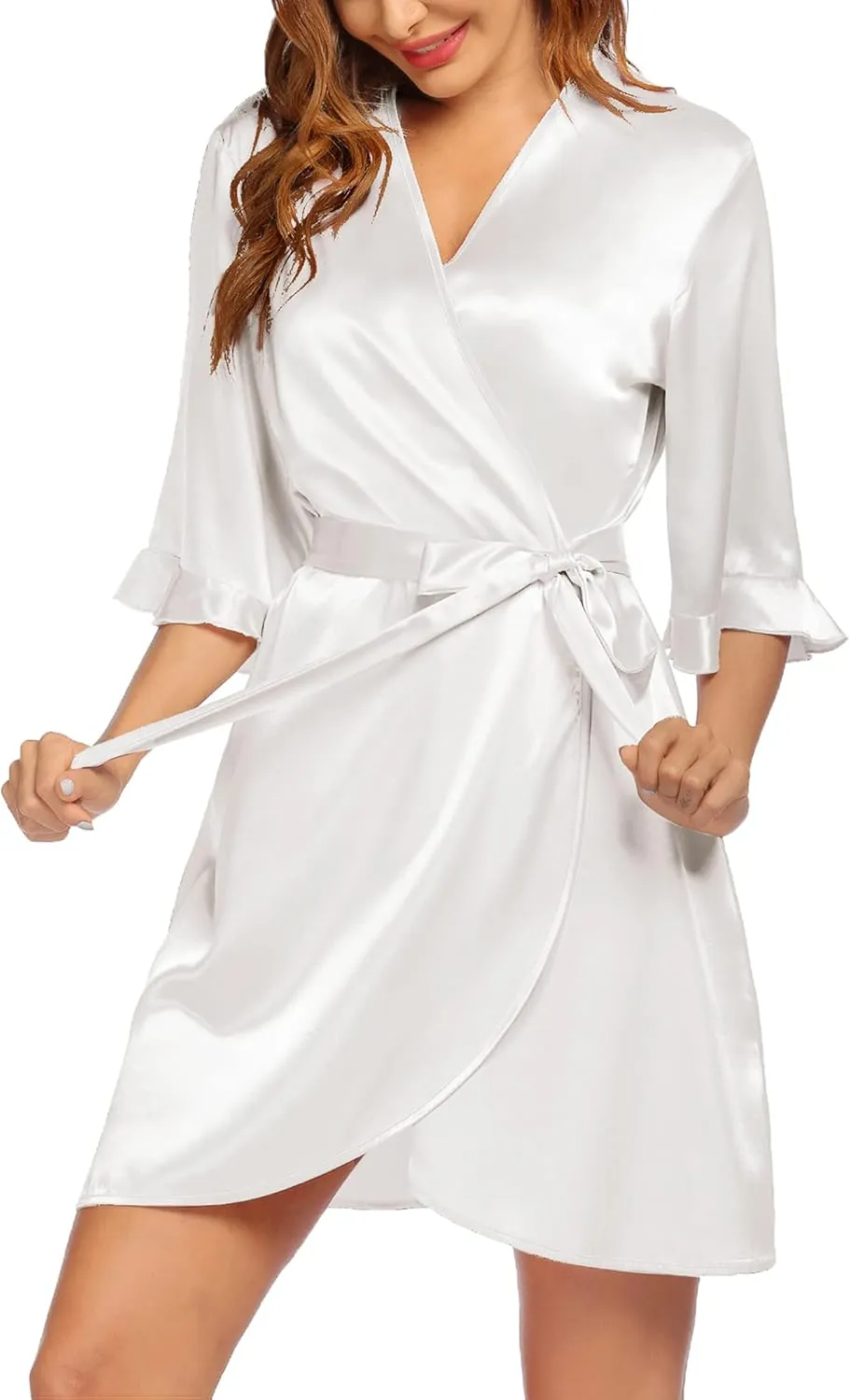 Ekouaer Women's Satin Robe Valentines Lingerie for Women Kimono Bathrobe Short Ruffle Belted Robes Bridesmaids Sleepwear