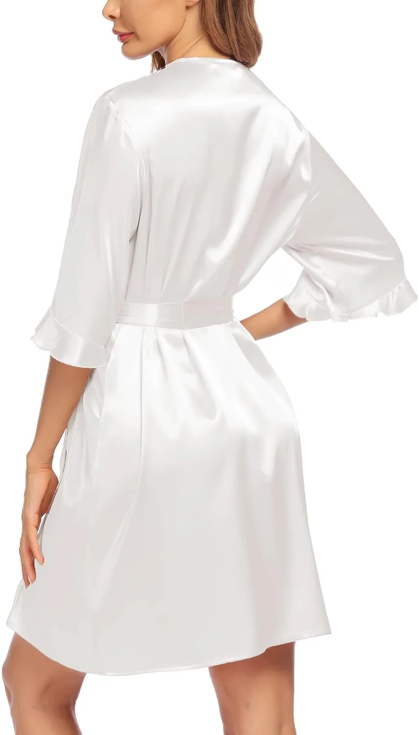 Ekouaer Women's Satin Robe Valentines Lingerie for Women Kimono Bathrobe Short Ruffle Belted Robes Bridesmaids Sleepwear