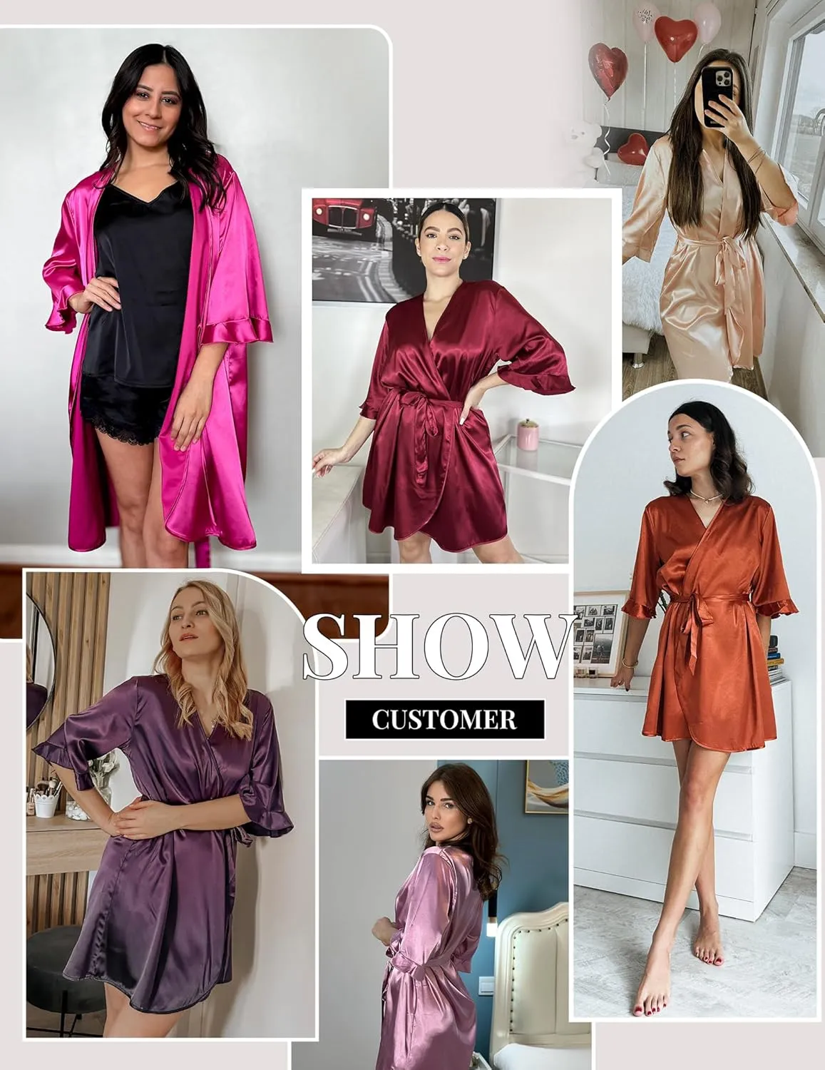 Ekouaer Women's Satin Robe Valentines Lingerie for Women Kimono Bathrobe Short Ruffle Belted Robes Bridesmaids Sleepwear
