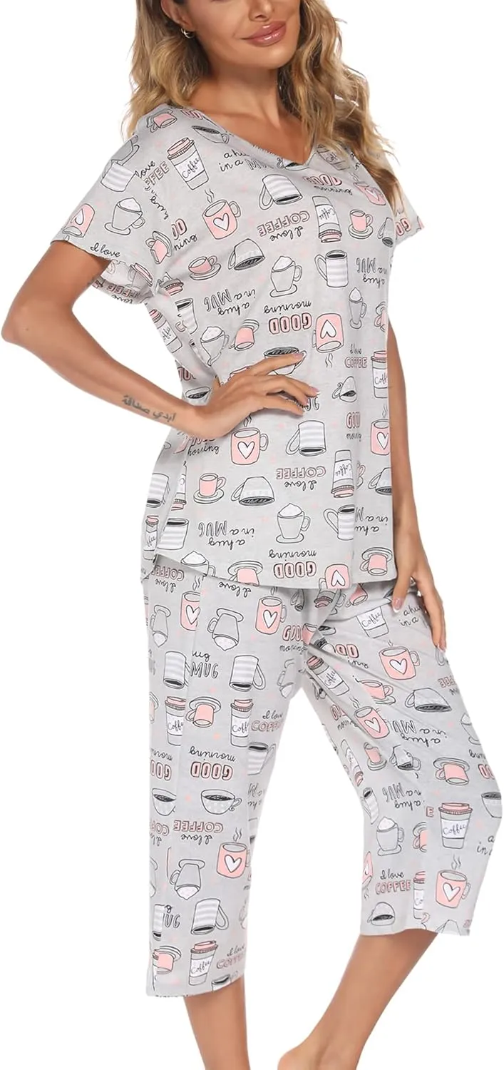 ENJOYNIGHT Womens Pajama Sets Cotton Pj Set Short Sleeve Top With Capri Pants Sleepwear 2 Piece Lounge Set