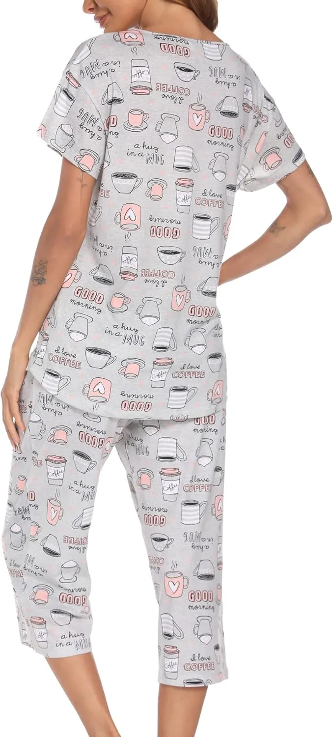 ENJOYNIGHT Womens Pajama Sets Cotton Pj Set Short Sleeve Top With Capri Pants Sleepwear 2 Piece Lounge Set