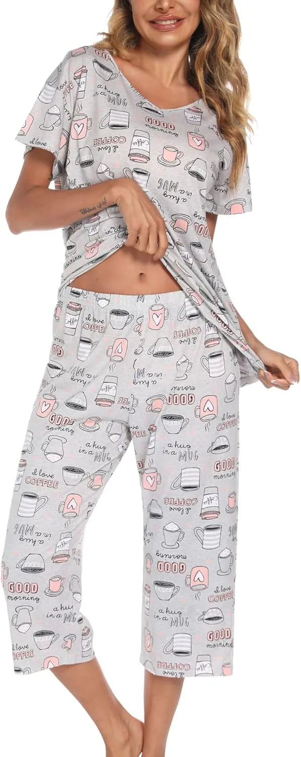 ENJOYNIGHT Womens Pajama Sets Cotton Pj Set Short Sleeve Top With Capri Pants Sleepwear 2 Piece Lounge Set