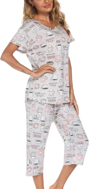 ENJOYNIGHT Womens Pajama Sets Cotton Pj Set Short Sleeve Top With Capri Pants Sleepwear 2 Piece Lounge Set