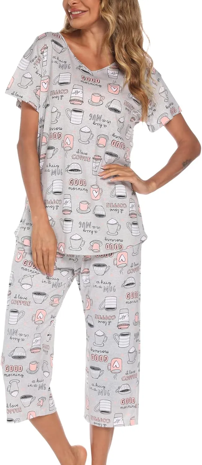 ENJOYNIGHT Womens Pajama Sets Cotton Pj Set Short Sleeve Top With Capri Pants Sleepwear 2 Piece Lounge Set