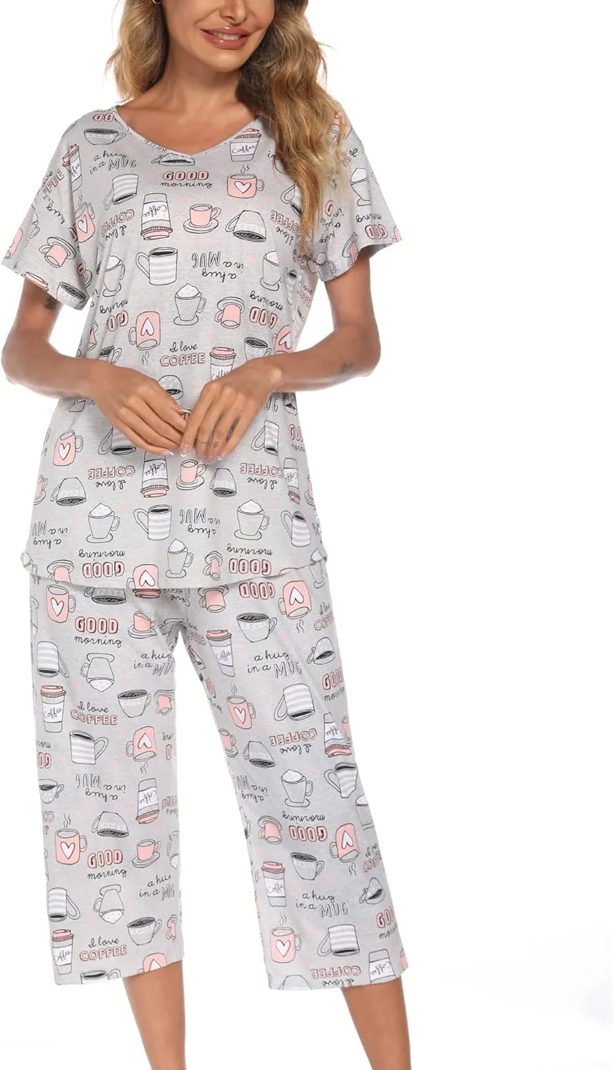 ENJOYNIGHT Womens Pajama Sets Cotton Pj Set Short Sleeve Top With Capri Pants Sleepwear 2 Piece Lounge Set