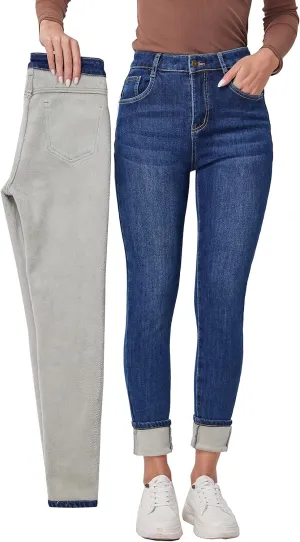Fakanhui Women's Fleece Lined Jeans Winter Flannel Lined Jeans Thermal Denim Warm Jeans