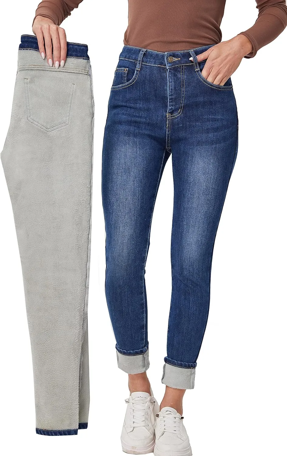 Fakanhui Women's Fleece Lined Jeans Winter Flannel Lined Jeans Thermal Denim Warm Jeans
