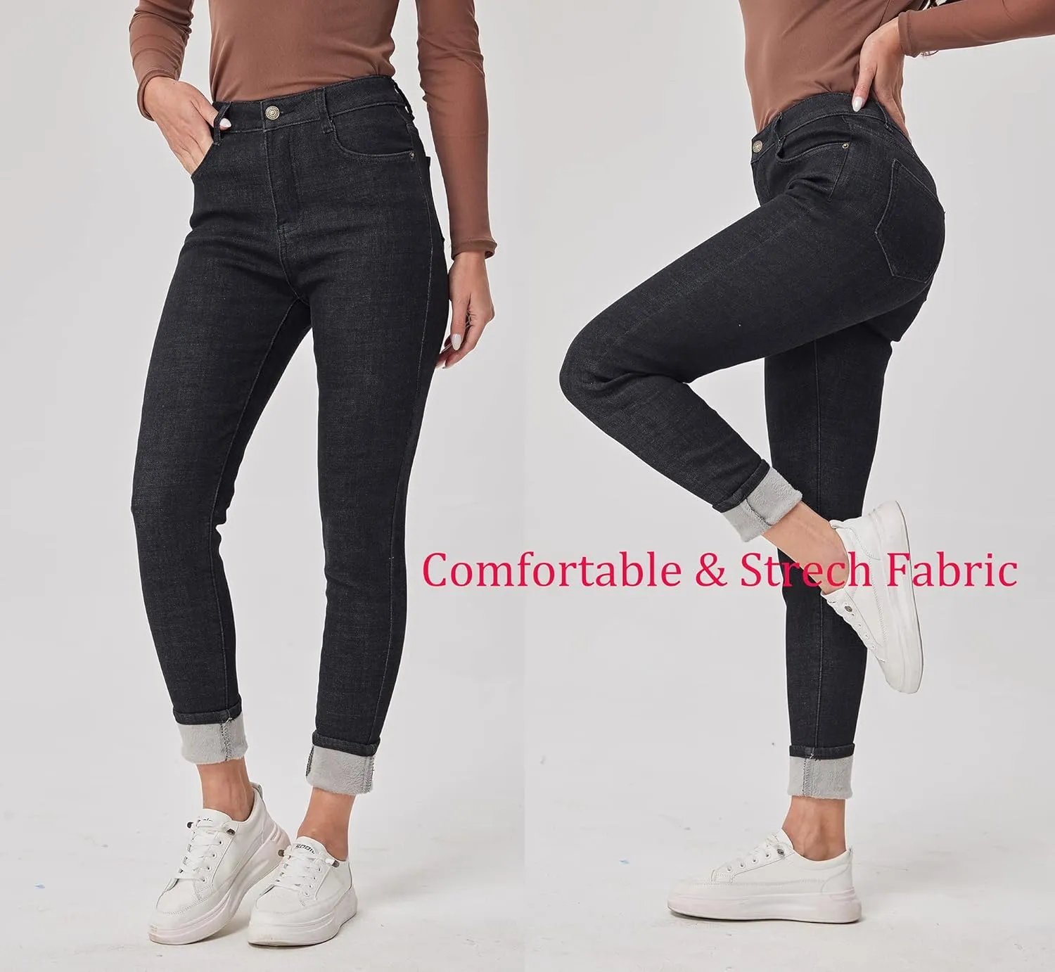 Fakanhui Women's Fleece Lined Jeans Winter Flannel Lined Jeans Thermal Denim Warm Jeans