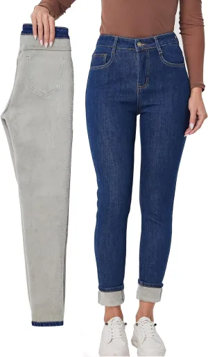 Fakanhui Women's Fleece Lined Jeans Winter Flannel Lined Jeans Thermal Denim Warm Jeans