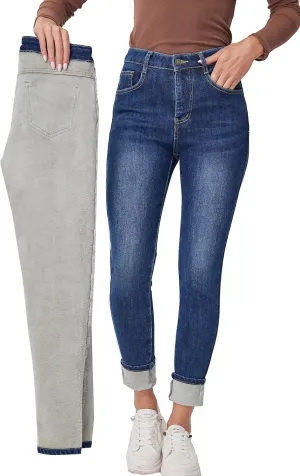 Fakanhui Women's Fleece Lined Jeans Winter Flannel Lined Jeans Thermal Denim Warm Jeans
