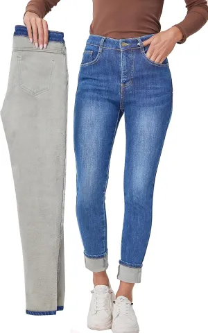 Fakanhui Women's Fleece Lined Jeans Winter Flannel Lined Jeans Thermal Denim Warm Jeans
