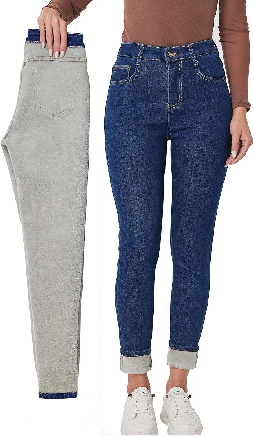Fakanhui Women's Fleece Lined Jeans Winter Flannel Lined Jeans Thermal Denim Warm Jeans