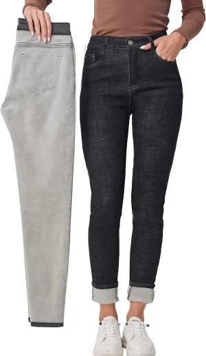 Fakanhui Women's Fleece Lined Jeans Winter Flannel Lined Jeans Thermal Denim Warm Jeans