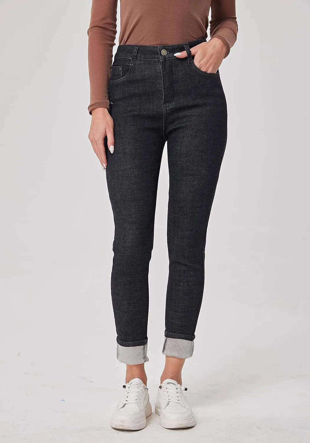 Fakanhui Women's Fleece Lined Jeans Winter Flannel Lined Jeans Thermal Denim Warm Jeans