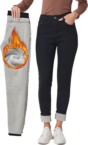 Fakanhui Women's Fleece Lined Jeans Winter Flannel Lined Jeans Thermal Denim Warm Jeans