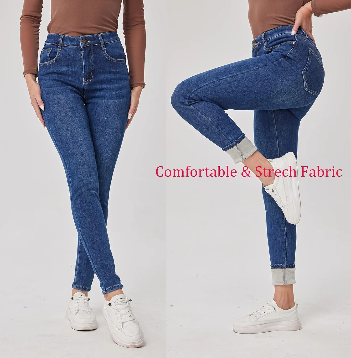 Fakanhui Women's Fleece Lined Jeans Winter Flannel Lined Jeans Thermal Denim Warm Jeans