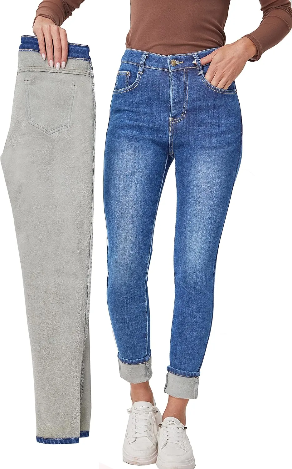 Fakanhui Women's Fleece Lined Jeans Winter Flannel Lined Jeans Thermal Denim Warm Jeans