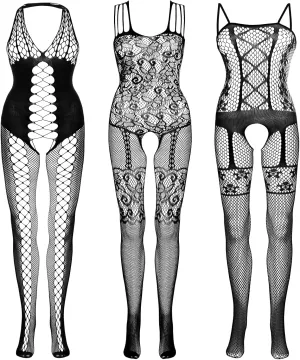 Fengek 3 Packs Women Fishnet Bodysuits, Stockings Sleepwear Lingerie for Couple Dating Nightwear, Black