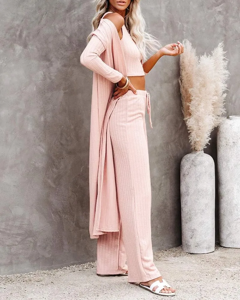 Fessceruna Womens 3 Piece Lounge Sets Pajamas Knit Long Sleeve Cardigan Crop Top Wide Leg Pants Loungewear Set