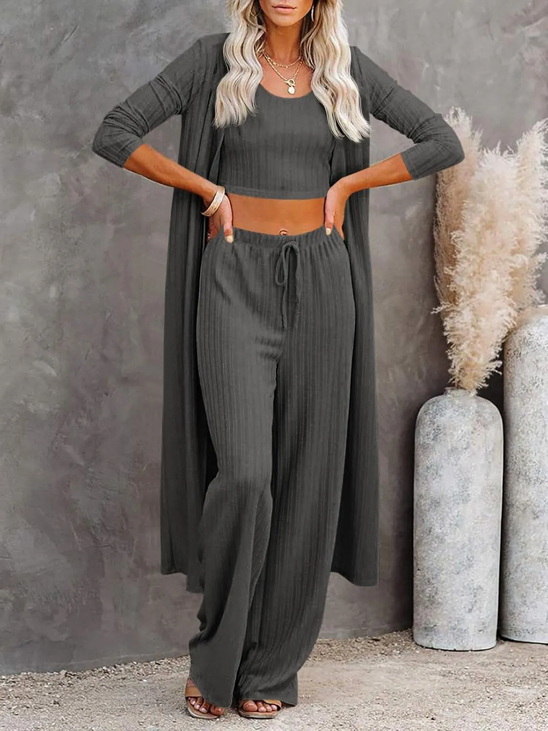 Fessceruna Womens 3 Piece Lounge Sets Pajamas Knit Long Sleeve Cardigan Crop Top Wide Leg Pants Loungewear Set