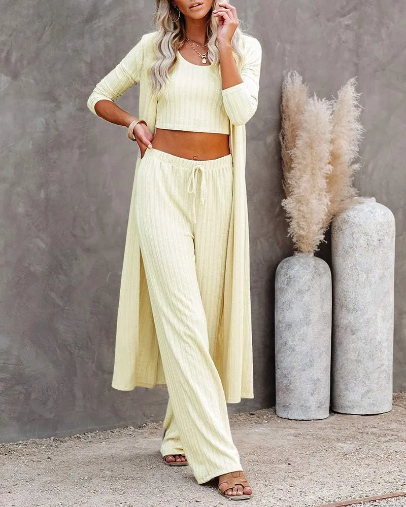 Fessceruna Womens 3 Piece Lounge Sets Pajamas Knit Long Sleeve Cardigan Crop Top Wide Leg Pants Loungewear Set