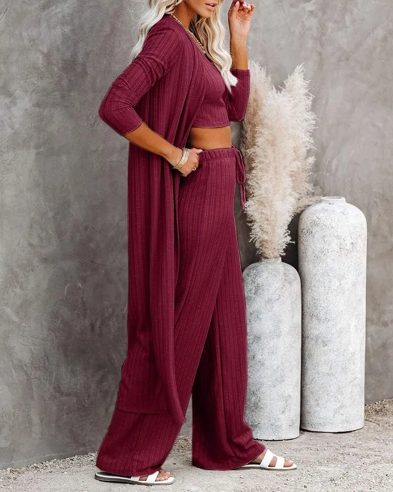 Fessceruna Womens 3 Piece Lounge Sets Pajamas Knit Long Sleeve Cardigan Crop Top Wide Leg Pants Loungewear Set