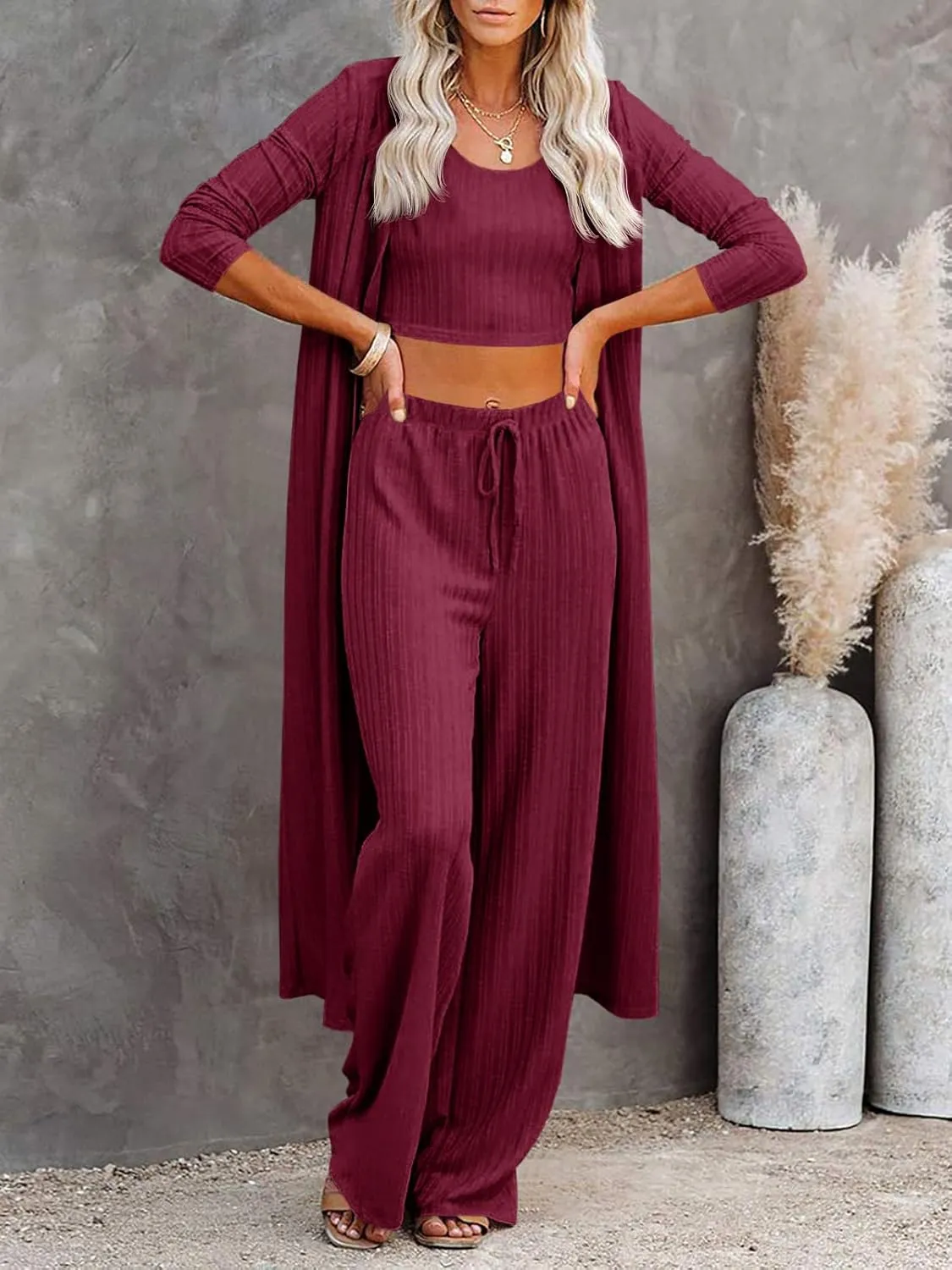 Fessceruna Womens 3 Piece Lounge Sets Pajamas Knit Long Sleeve Cardigan Crop Top Wide Leg Pants Loungewear Set