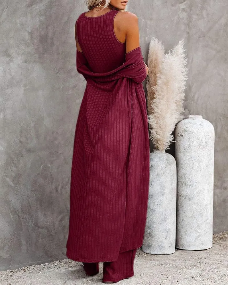 Fessceruna Womens 3 Piece Lounge Sets Pajamas Knit Long Sleeve Cardigan Crop Top Wide Leg Pants Loungewear Set