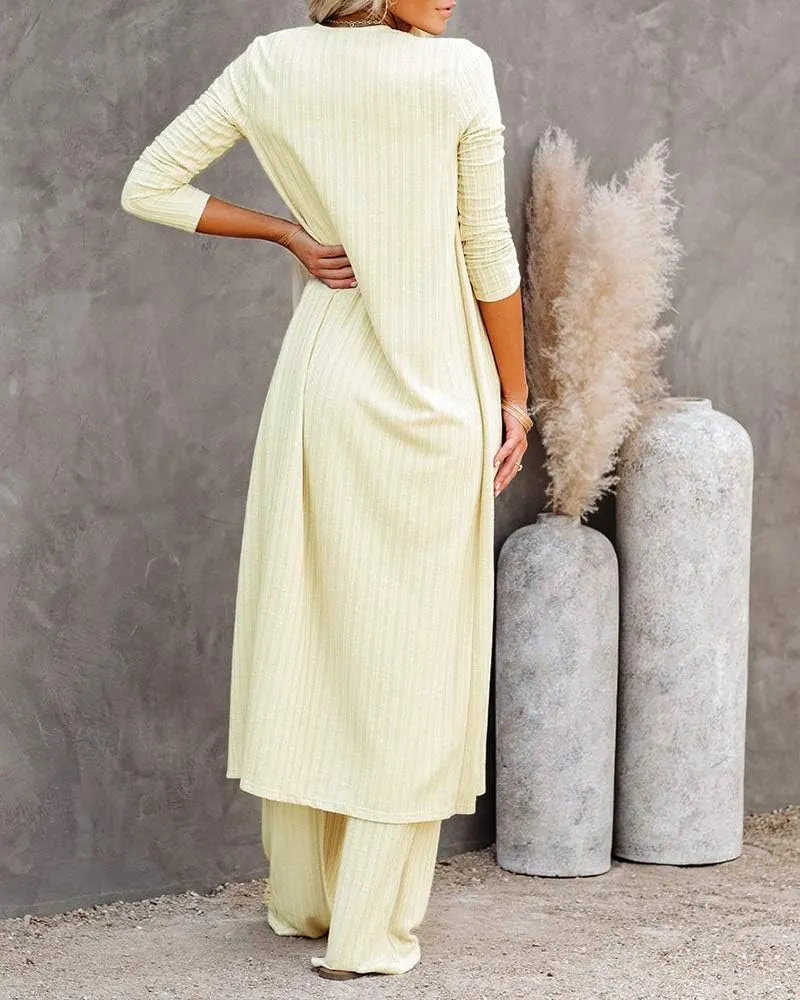 Fessceruna Womens 3 Piece Lounge Sets Pajamas Knit Long Sleeve Cardigan Crop Top Wide Leg Pants Loungewear Set
