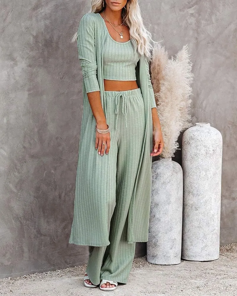 Fessceruna Womens 3 Piece Lounge Sets Pajamas Knit Long Sleeve Cardigan Crop Top Wide Leg Pants Loungewear Set