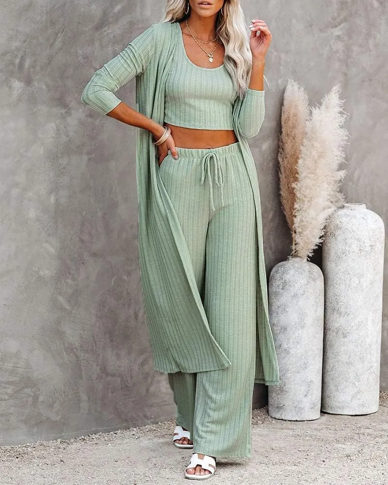 Fessceruna Womens 3 Piece Lounge Sets Pajamas Knit Long Sleeve Cardigan Crop Top Wide Leg Pants Loungewear Set