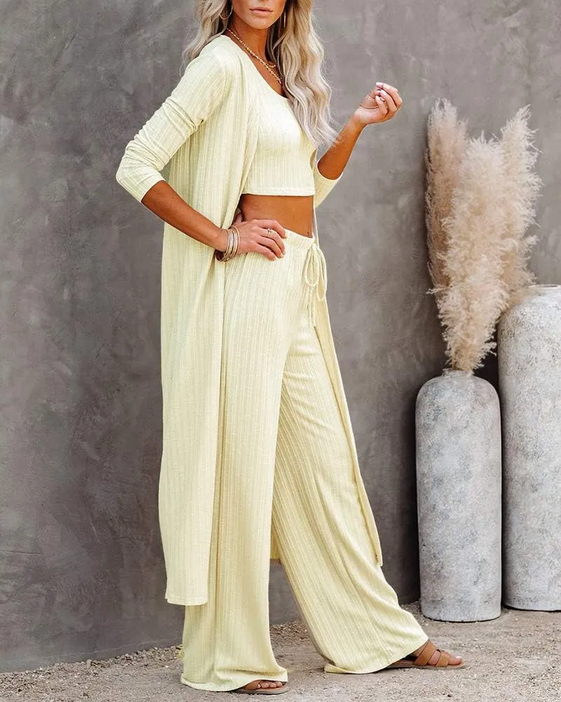 Fessceruna Womens 3 Piece Lounge Sets Pajamas Knit Long Sleeve Cardigan Crop Top Wide Leg Pants Loungewear Set