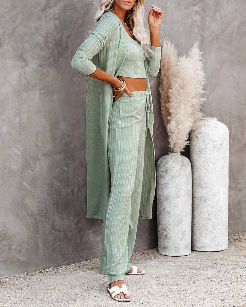 Fessceruna Womens 3 Piece Lounge Sets Pajamas Knit Long Sleeve Cardigan Crop Top Wide Leg Pants Loungewear Set