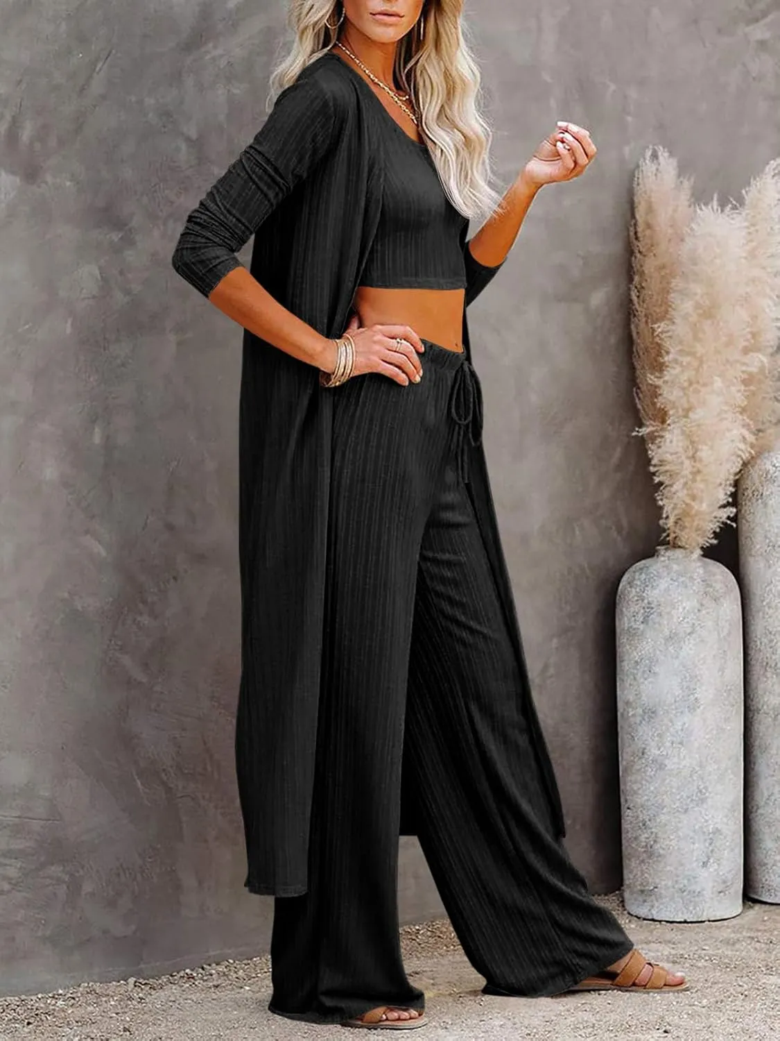 Fessceruna Womens 3 Piece Lounge Sets Pajamas Knit Long Sleeve Cardigan Crop Top Wide Leg Pants Loungewear Set