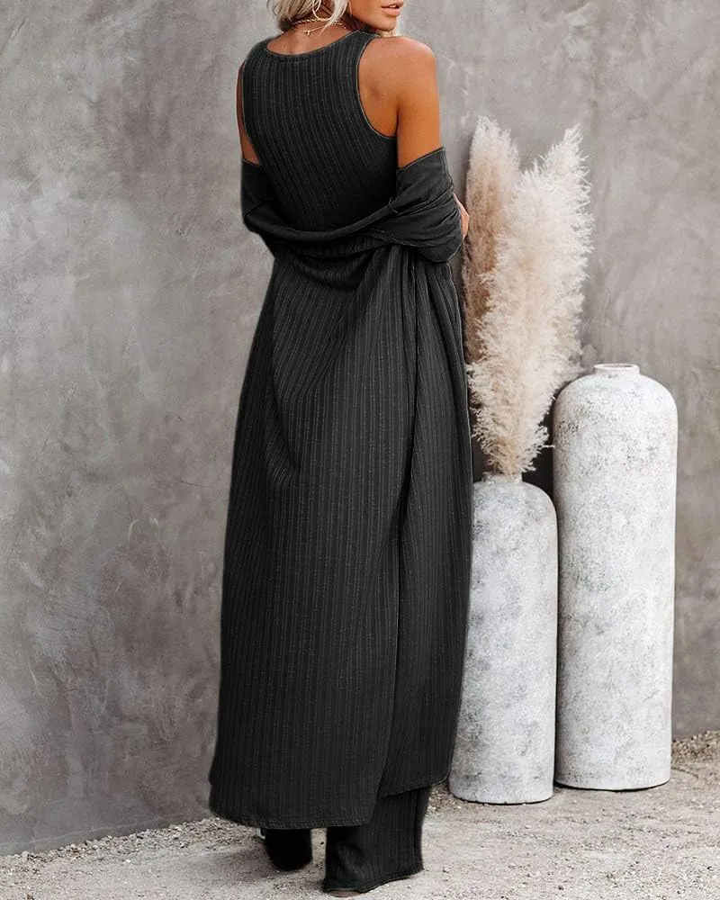 Fessceruna Womens 3 Piece Lounge Sets Pajamas Knit Long Sleeve Cardigan Crop Top Wide Leg Pants Loungewear Set