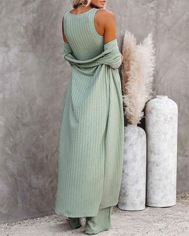 Fessceruna Womens 3 Piece Lounge Sets Pajamas Knit Long Sleeve Cardigan Crop Top Wide Leg Pants Loungewear Set