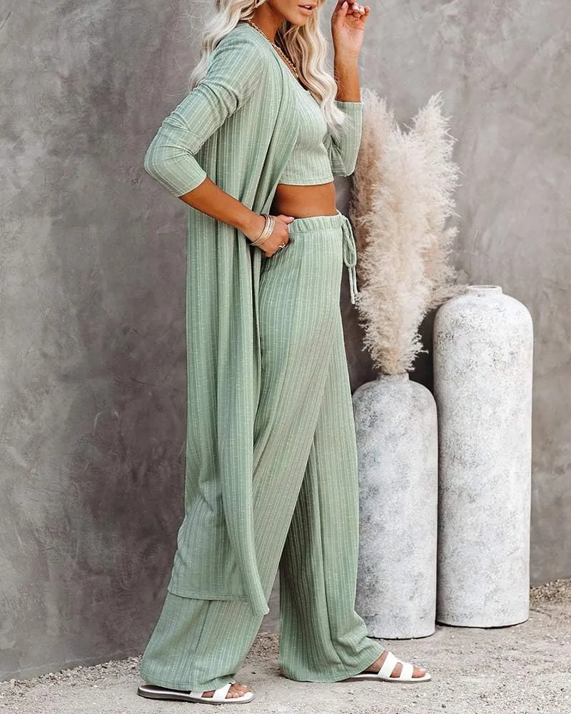 Fessceruna Womens 3 Piece Lounge Sets Pajamas Knit Long Sleeve Cardigan Crop Top Wide Leg Pants Loungewear Set