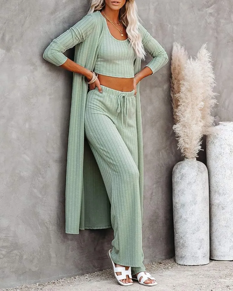 Fessceruna Womens 3 Piece Lounge Sets Pajamas Knit Long Sleeve Cardigan Crop Top Wide Leg Pants Loungewear Set