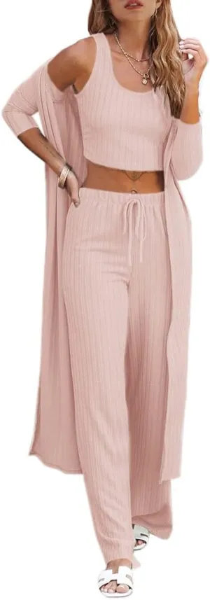 Fessceruna Womens 3 Piece Lounge Sets Pajamas Knit Long Sleeve Cardigan Crop Top Wide Leg Pants Loungewear Set