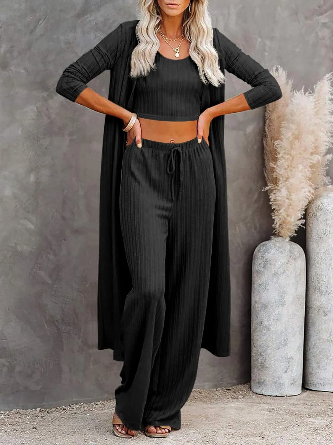Fessceruna Womens 3 Piece Lounge Sets Pajamas Knit Long Sleeve Cardigan Crop Top Wide Leg Pants Loungewear Set
