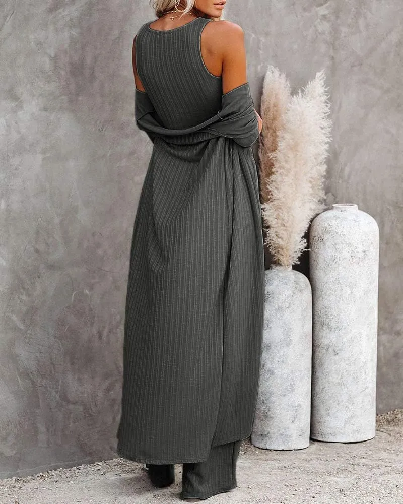 Fessceruna Womens 3 Piece Lounge Sets Pajamas Knit Long Sleeve Cardigan Crop Top Wide Leg Pants Loungewear Set
