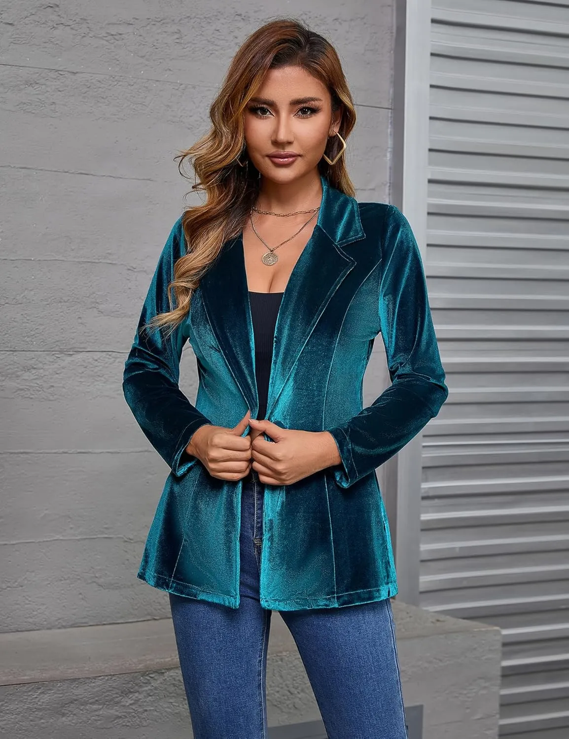 Genhoo Women's Long Sleeve Blazer Open Front Cardigan Jacket Work Office Blazer with Zipper Pockets S-3XL