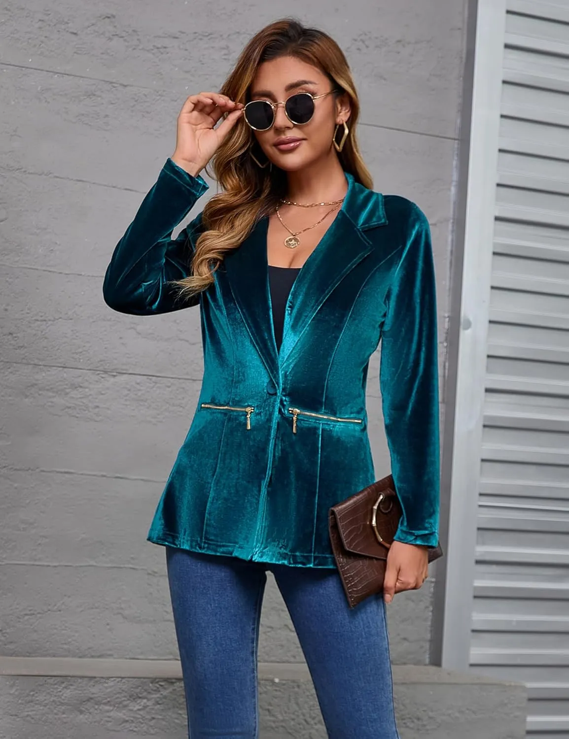 Genhoo Women's Long Sleeve Blazer Open Front Cardigan Jacket Work Office Blazer with Zipper Pockets S-3XL